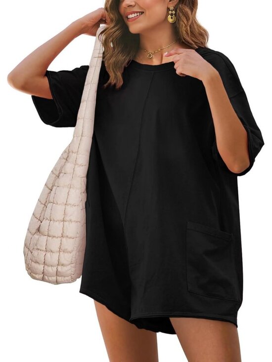 Pants - Women's Black Summer Casual Onesie Backless Loose Short Oversized Tee Romper